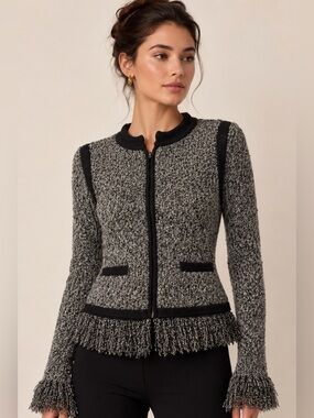 BCBGMAXAZRIA $450 Bouclé Tweed Fringe  Zip Jacket Black Grey
